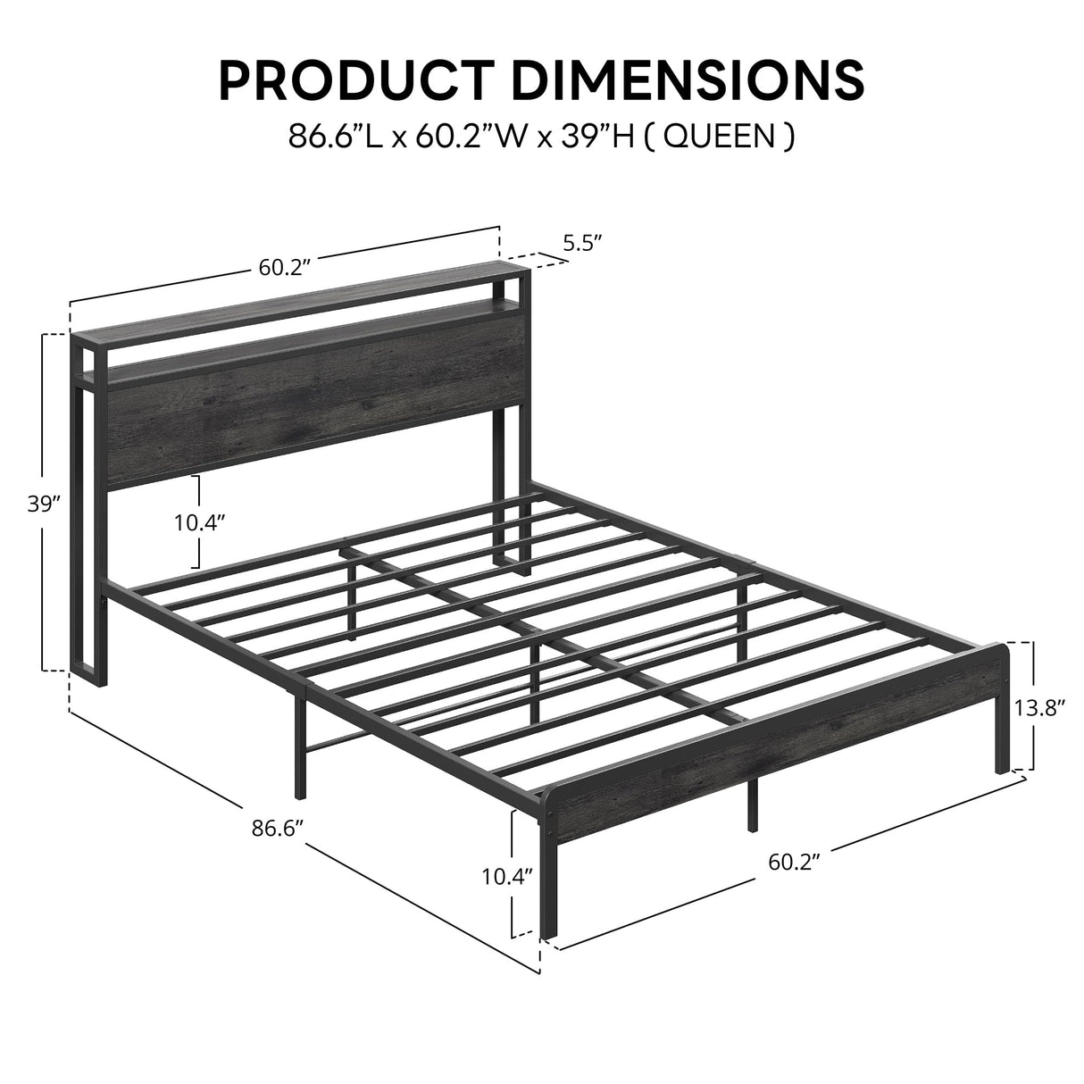 LIKIMIO Queen Bed Frame with Headboard, Dark Wood Camas Queen with Strong Supports, Sturdy, Noise-Free, No Box Spring Needed, Charcoal Grey LIKIMIO