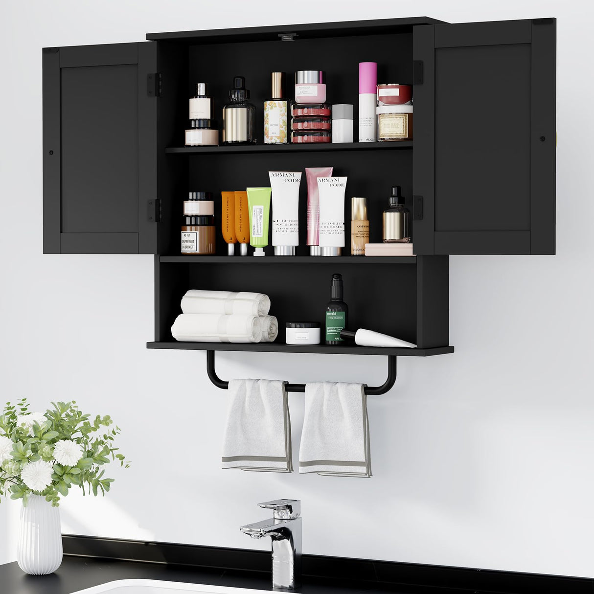 RRX Bathroom Cabinet Wall Mounted Medicine Cabinets with Towels Bar, Over The Toilet Storage Cabinet with 2 Doors and Adjustable Shelf, White Wall Cabinet for Bathroom Laundry Kitchen (Black) RRX