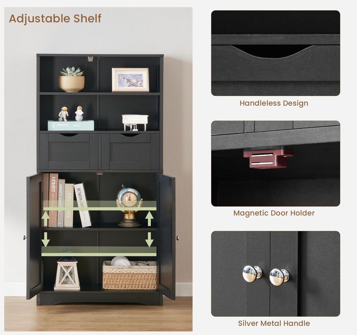 Iwell Tall Bathroom Cabinet, Storage Cabinet with 2 Drawers & Adjustable Shelves, Bathroom Storage Cabinet for Living Room, Dining Room, Entryway, Black Iwell