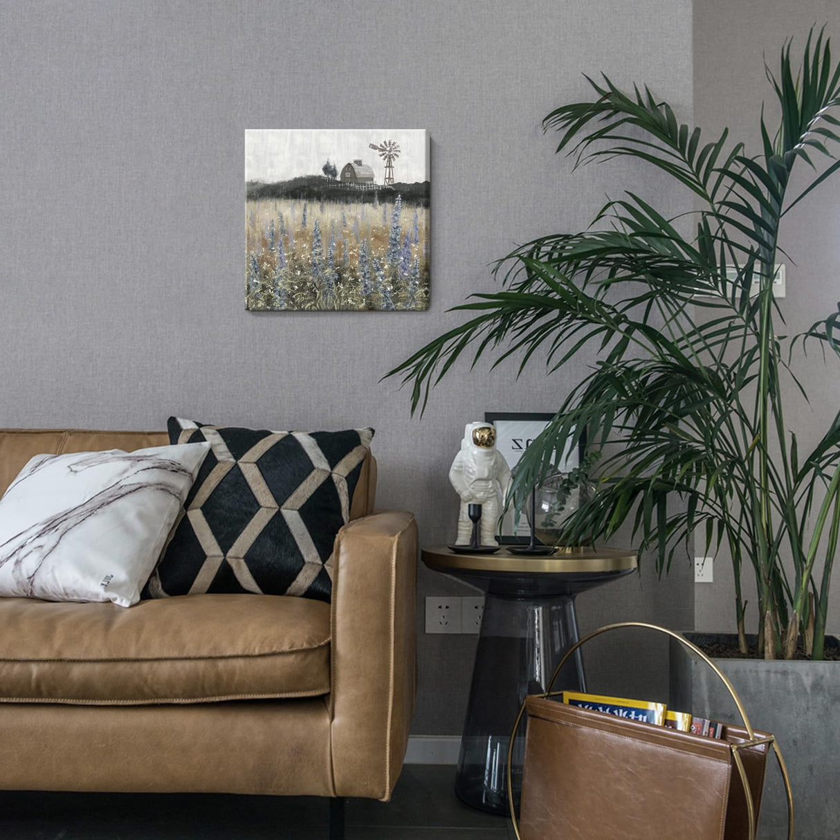 Bathroom Wall Art Vintage Farmhouse Canvas Print Retro Countryside Flower Field Nature Meadow Landscape Rustic Windmill Barn Picture Framed Artwork for Home Bedroom Living Room Black Purple 14x14inch Nicetop