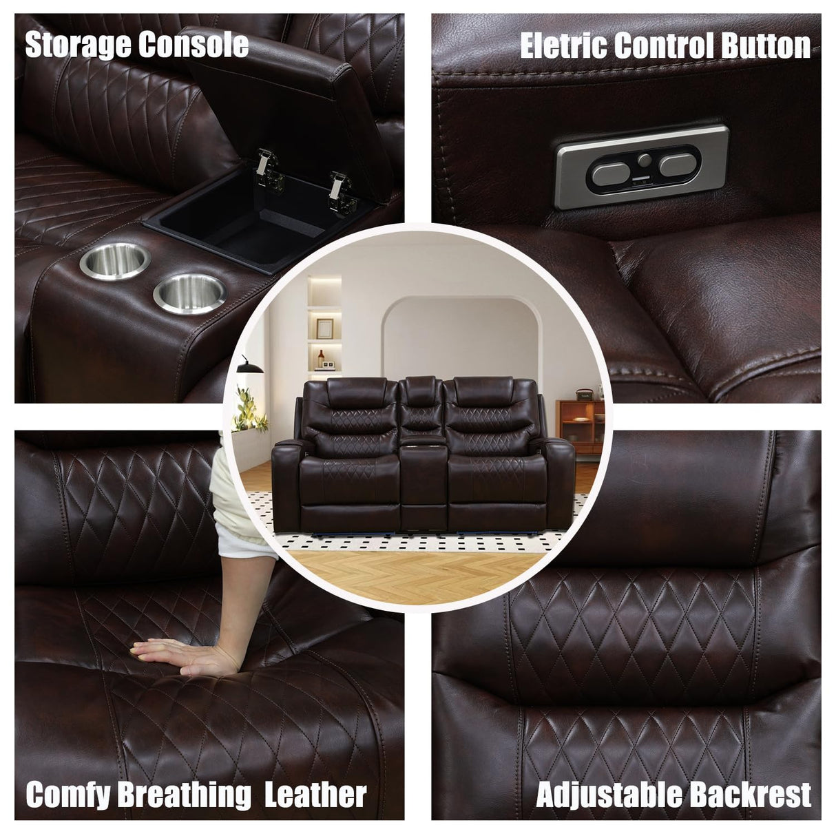 GEBADOL Power Recliner Sofa Set, Leather Recliners with Built-in USB Ports/Storage Console, Reclining Couch Set for Living Room/Home Theatre/Office (Brown, Sofa+LOVESEAT+Chair) GEBADOL
