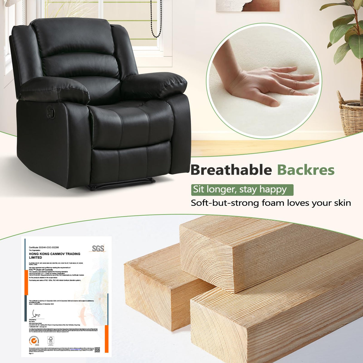 ANJ Black Recliner Chair with Overstuffed Arm and Back, Breathable Faux Leather Manual Reclining Chairs, Living Room Single Sofa Recliners ANJ