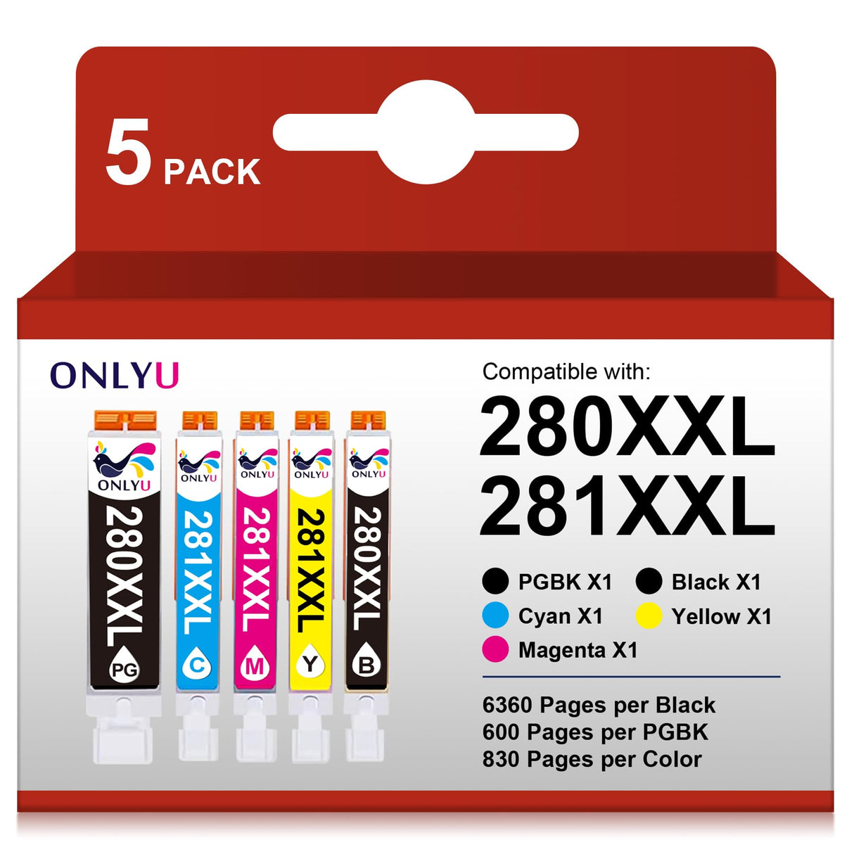 ONLYU Compatible Ink Cartridge Replacement for Canon 280 281 PGI-280XXL CLI-281XXL PGI 280 XXL CLI 281 XXL PIXMA TR7520 TR8520 TS6120 TS6220 TS6320 TS8220 TS8320 Printer (5 Packs) ONLYU