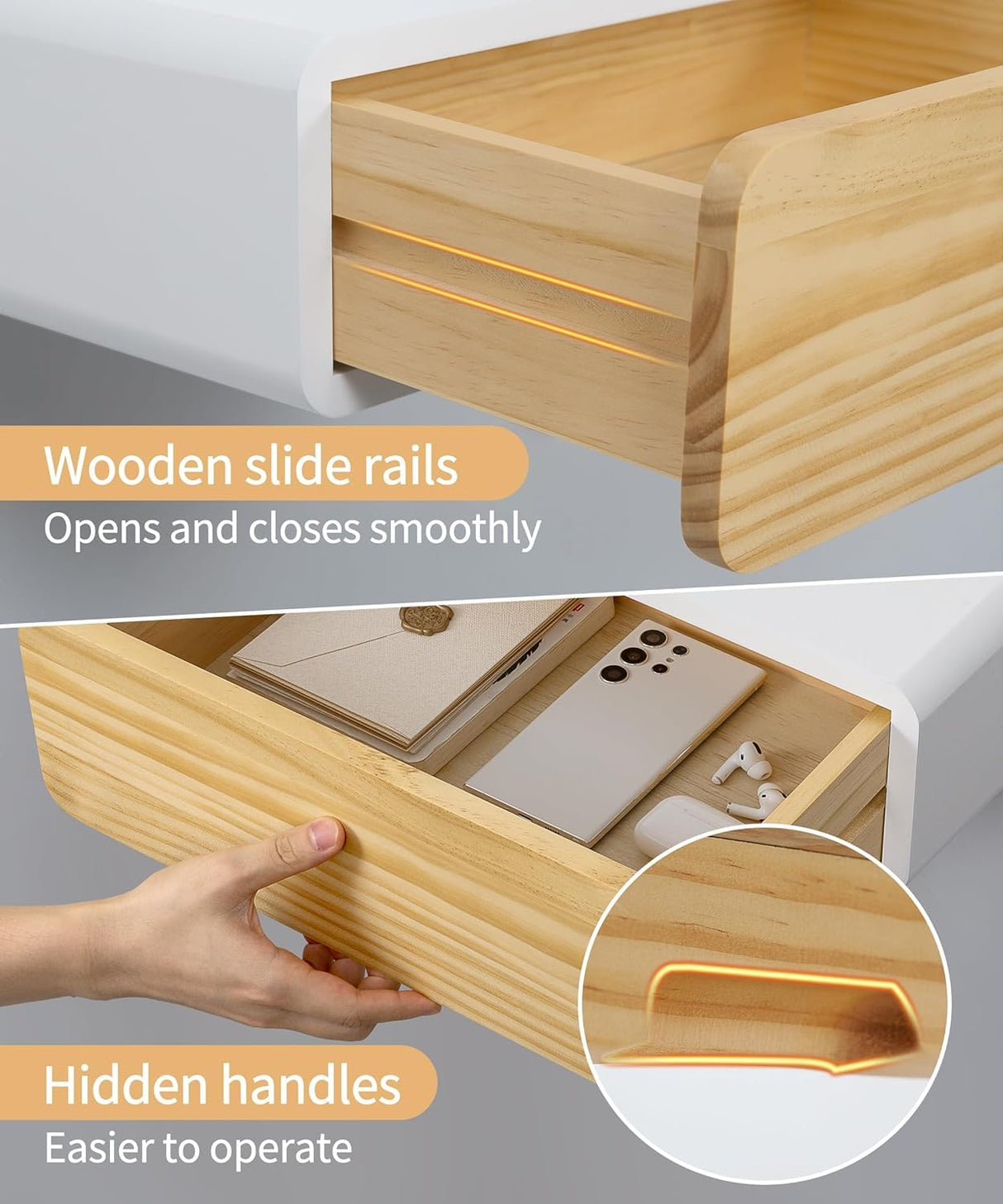 SUMGAR Floating Nightstand White with Drawers Modern Bedside Table Organiser Fully Assembled Shelf Small Spaces Wall Mounted Storage Wood Furniture for Bedroom Home Decor SUMGAR