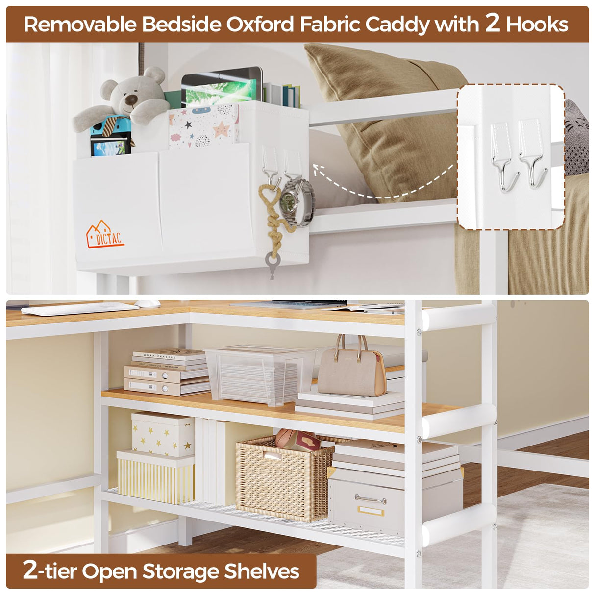 DICTAC Twin Loft Bed with L-Shaped Desk, Storage Shelves and Charging Station Twin Size Metal Loft Bed with LED Lights and Coat Rack with 2 Storage Drawers,Top Bunk with Safety Guard & Stair, White DICTAC