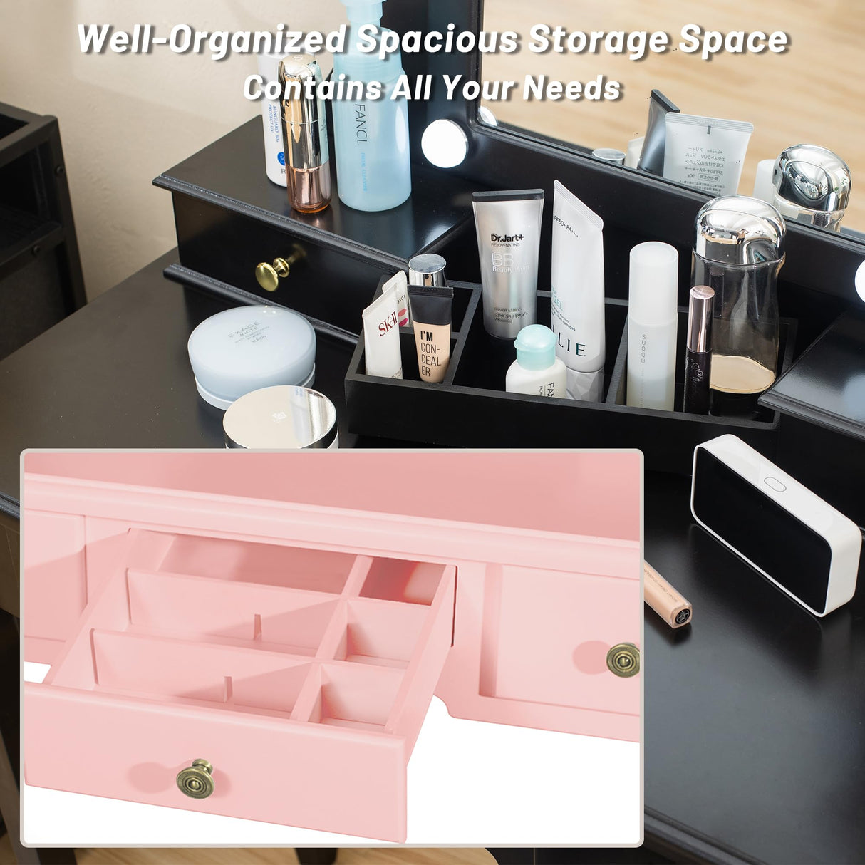 LilyFantasy Vanity Table, Makeup Vanity Table with Lighted Mirror, Vanity Set with Padded Stool, Tri-Fold Bedroom Vanity, 4 Drawers, 2 Open Compartments, Pink Finish LilyFantasy