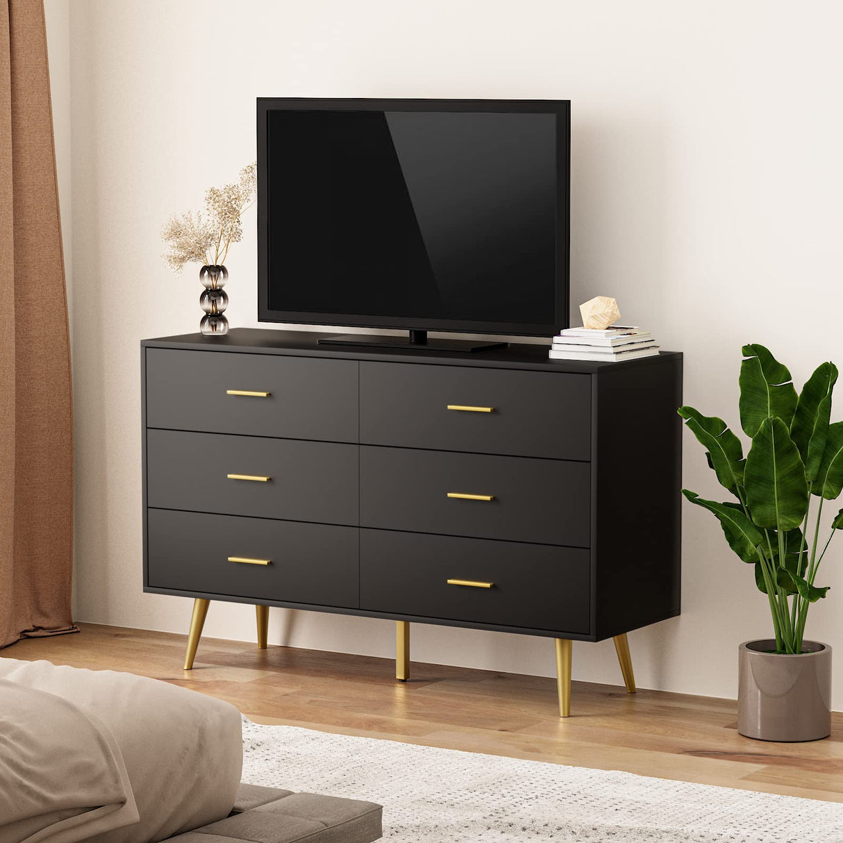 RESOM Black 6 Drawer Dresser for Bedroom, Wooden Black Double Dresser with Gold Handles, Modern Chest Dresser with Deep Drawers for Living Room, Hallway RESOM