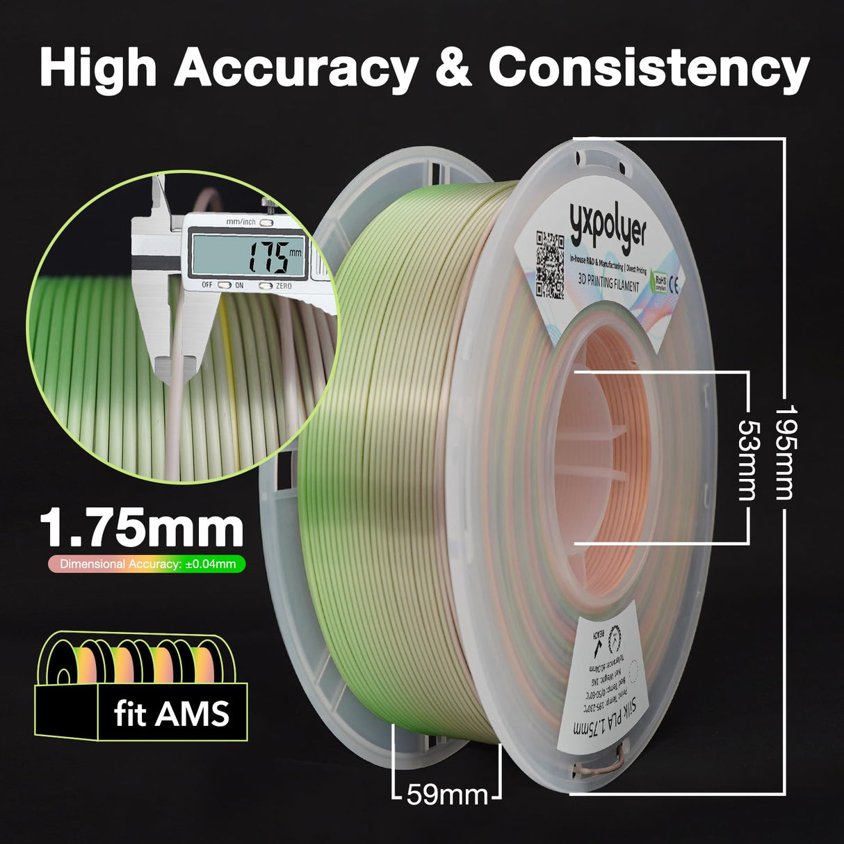 YXPOLYER PLA Filament Premium 4-Color Silk PLA 3D Printer Filament 1.75mm 1kg, Multicolor Mini Rainbow, Gold, Green, Purple, Bronze yxpolyer