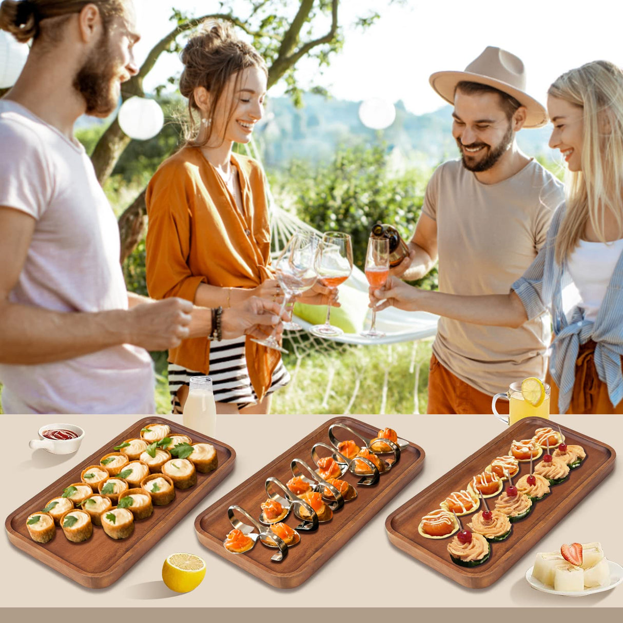 Acacia Wood Platters Small 12"x6" Long Charcuterie Board Rectangle Decorative Tray Wooden Serving Platter for Food Appetizer Cake Plates Kitchen Dish Cheese Boards Rectangular Snack Dessert Trays Ayiaren