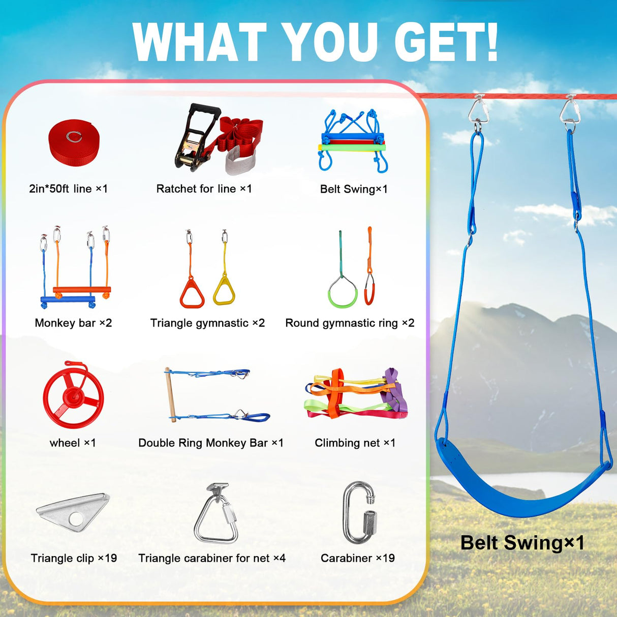 50ft Ninja Warrior Obstacle Course for Kids with Swing, Ninja Course for Kids Outside with 11 Accessories--Trapeze Swing, Climbing Net, Rope Ladder, Outdoor Playset with Monkey Bars ITEFDTUTNE