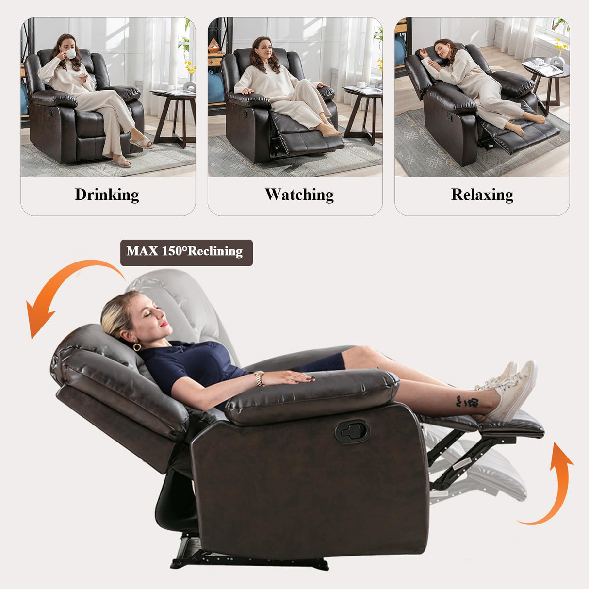 ANJ Manual Recliner Chair, Breathable Faux Leather Reclining Chairs with Overstuffed Arm and Back, Living Room Single Sofa Recliners (Dark Brown) ANJ