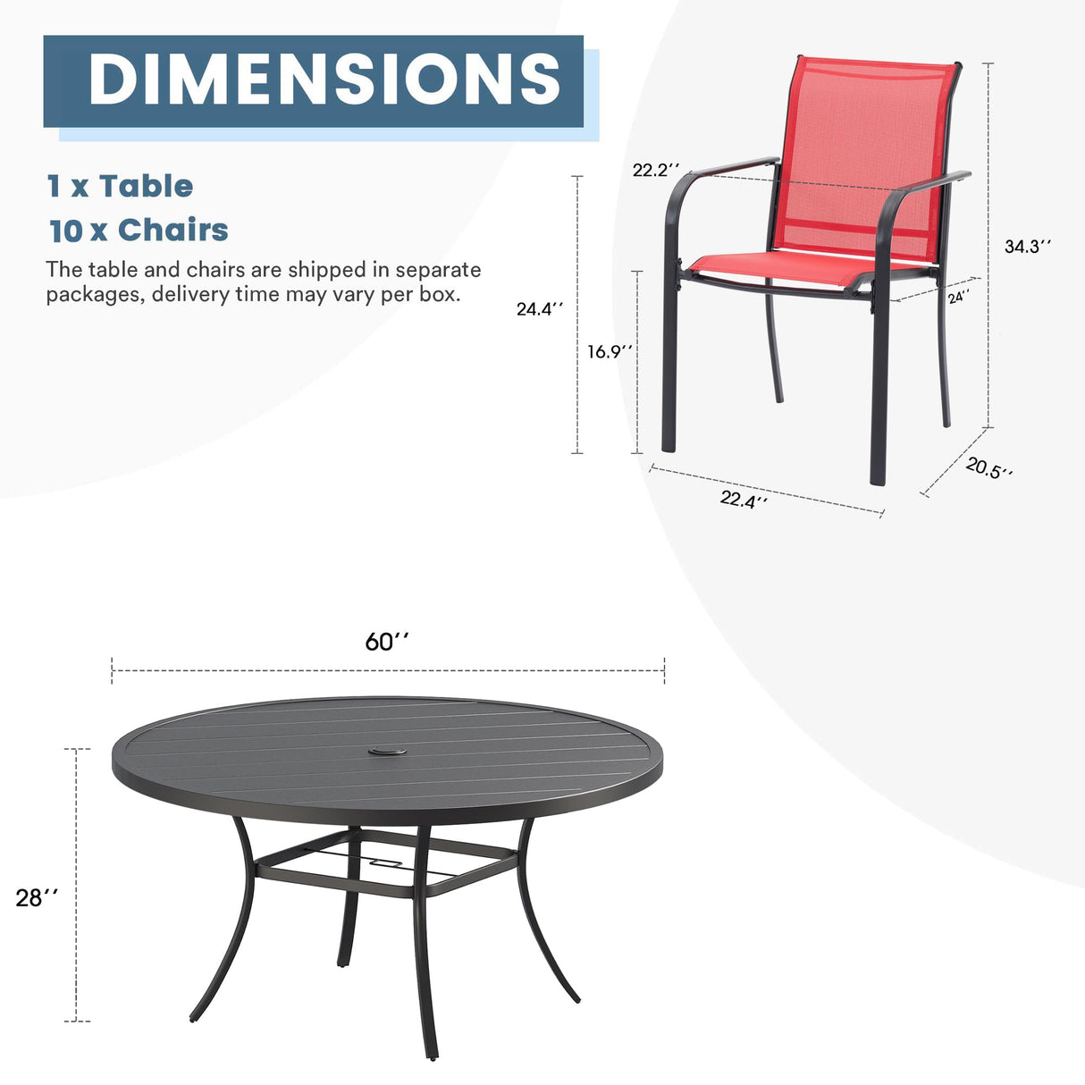 DIFY 11 Pieces Outdoor Patio Dining Set for 10, 60" Black Round Metal Dining Table and 10 Red Stackable Sling Dining Chairs, Outdoor Table and Chairs for Lawn Garden Backyard Deck DIFY