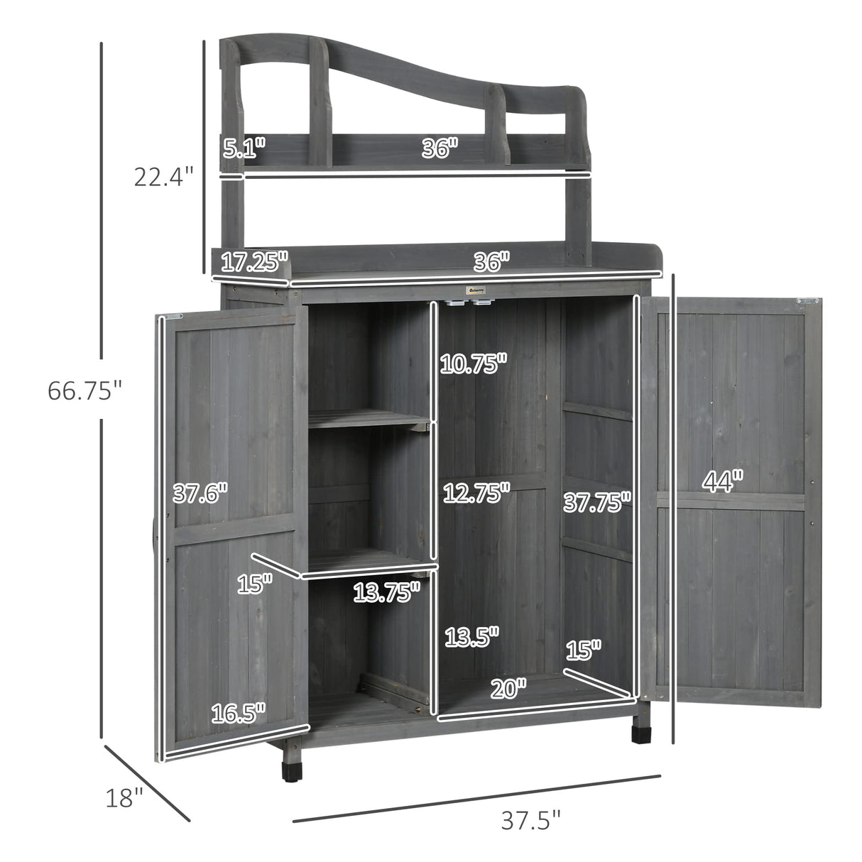 Outsunny Potting Bench Table, Outdoor Storage Cabinet, Multi-function Gardening Bench, Wooden Planting Workstation with Magnetic Doors, for Yard Tools or Pool Accessories, Gray Outsunny