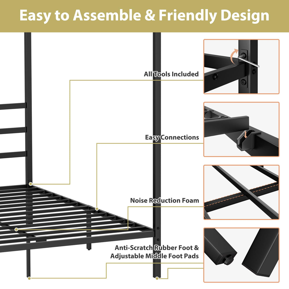 SUPER DEAL Metal Canopy Bed Frame Queen Size Four Poster Bedframe with Built-in Headboard 14 Inch Platform Mattress Foundation Sturdy Slatted Structure No Box Spring Needed Easy Assembly, Black SUPER DEAL