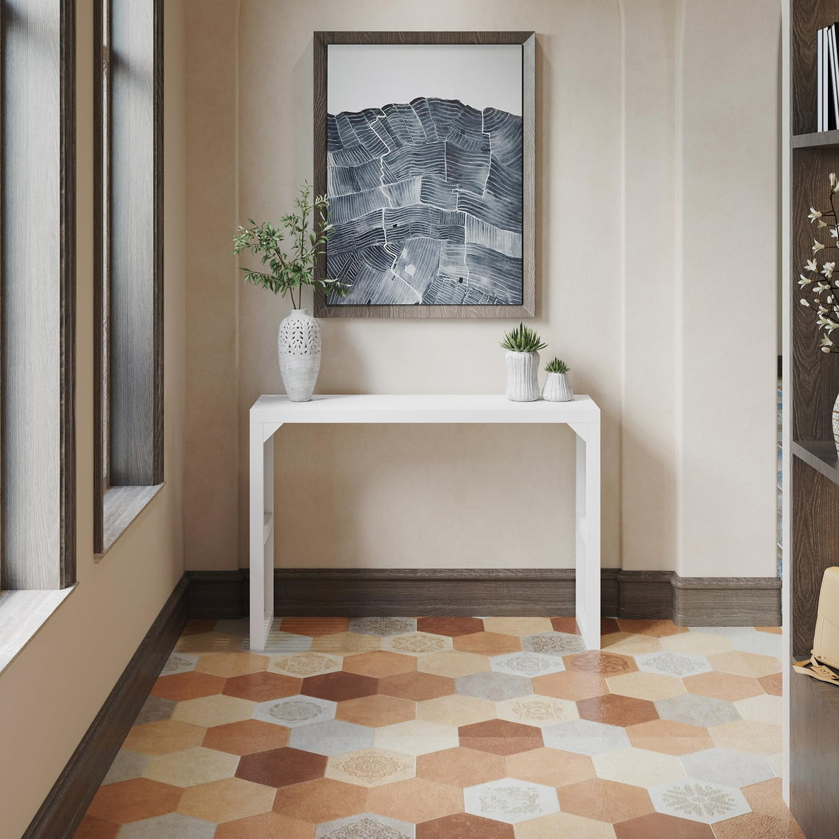 ROOMTEC Narrow Console Tables for Entryway, 46" Solid Wood Console Table Behind Couch, Farmhouse Entryway Table with Storage, Console Tables for Living Room, Hallway, Foyer (White, Console Table) ROOMTEC