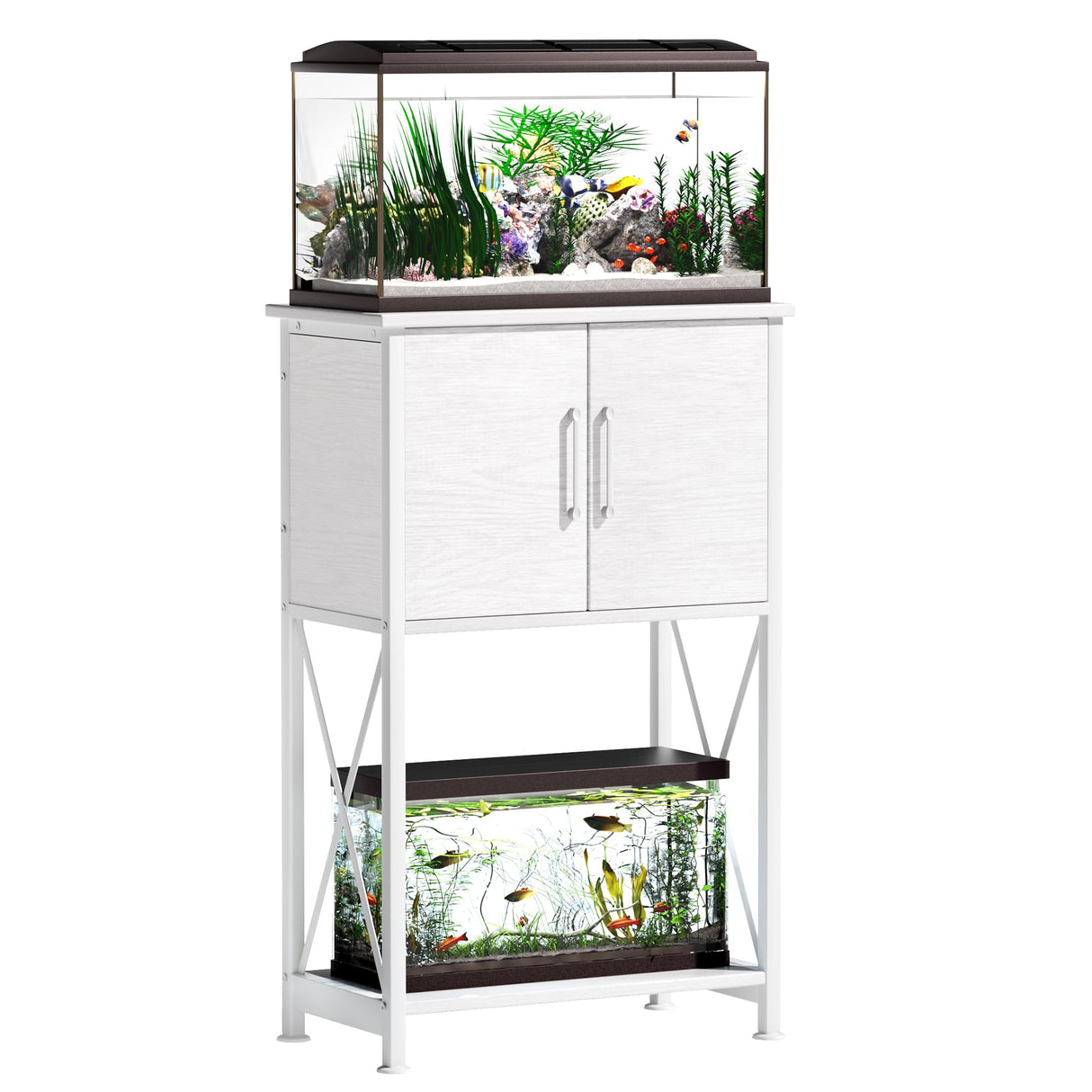 Herture 5-10 Gallon Fish Tank Stand, Metal Double Aquarium Stand with Cabinet for Fish Tank Accessories Storage, Heavy Duty 20.5" L* 11.02" W Tabletop, 500LBS Capacity White PG06YGW Herture