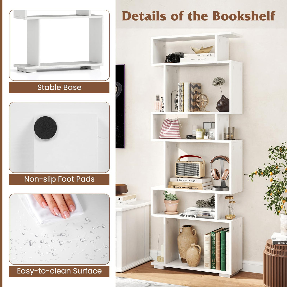 Tangkula 6-Tier S-Shaped Bookshelf, 64" Freestanding Geometric Bookcase, Home Office Wood Storage Shelf with Anti-Toppling Device, Room Divider Display Rack for Study, Living Room (1, White) Tangkula