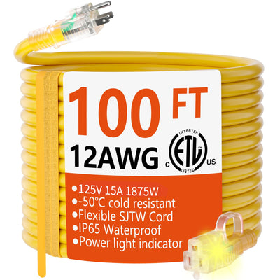 12/3 Gauge Heavy Duty Outdoor Extension Cord 100 ft Waterproof with Lighted end, Flexible Cold-Resistant 3 Prong Electric Cord Outside, 15Amp 1875W 12AWG SJTW, Yellow, ETL HUANCHAIN