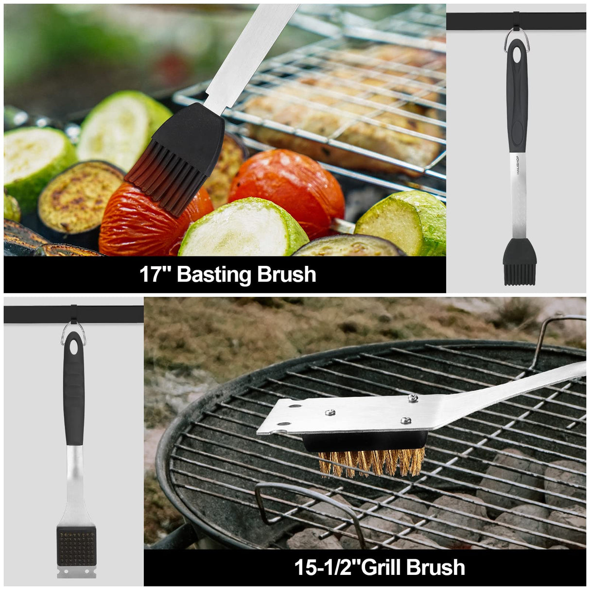 HAUSHOF Large Grilling Accessories, BBQ Grill Set, Heavy Duty Stainless Steel Barbecue Utensils with 16-1/2" Spatula, Brush, Fork, Tongs, Skewers, Thermometer, Bag, Ideal Gift, 15PCS HAUSHOF
