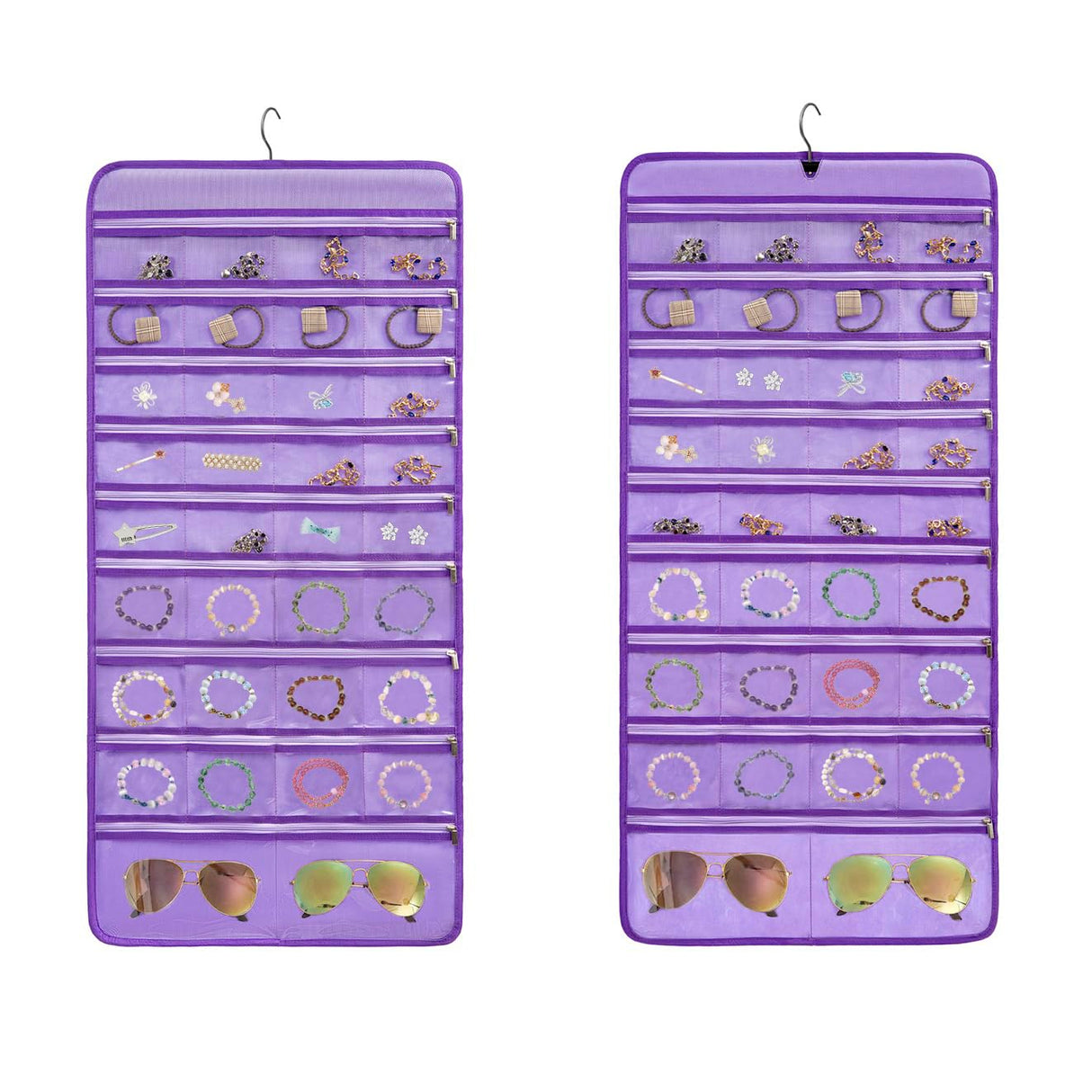 TEMUORG Travel Jewelry Organizer Dual Sided Hanging Earring Holder Bracelet Storage Rolls Rings Display Case with 68 Zippered Pockets (PURPLE) TEMUORG