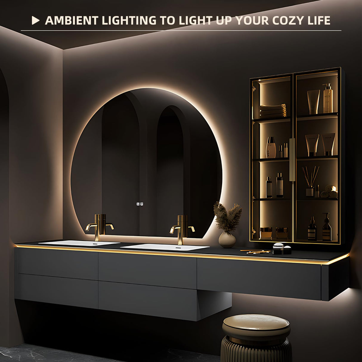 72IN Bathroom Vanities, Modern Bathroom Cabinet with Double Sink, Floating Bathroom Vanity Set with Round Light Mirror & Glass Side Cabinet, Solid Wood Vanity with Extended Makeup Table (White) LUTHXAY