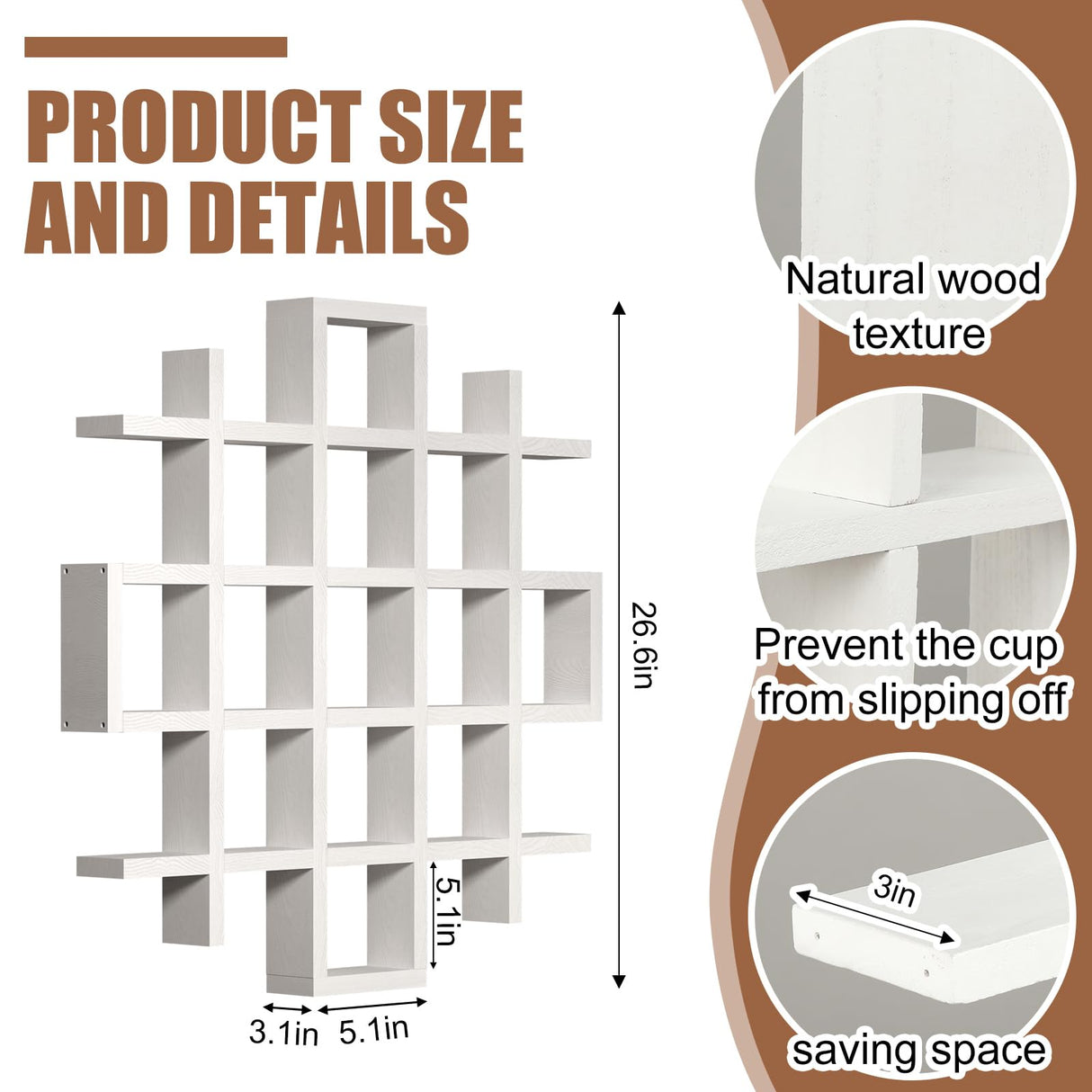 Suzile Oversize Coffee Mug Display Rack Wooden Display Shelves Rustic Wooden Floating Curio Shelf Travel Wall Mounted Coffee Mug Rack Holder Shadow Box Shelf(5.1x5.1x3in,White) Suzile