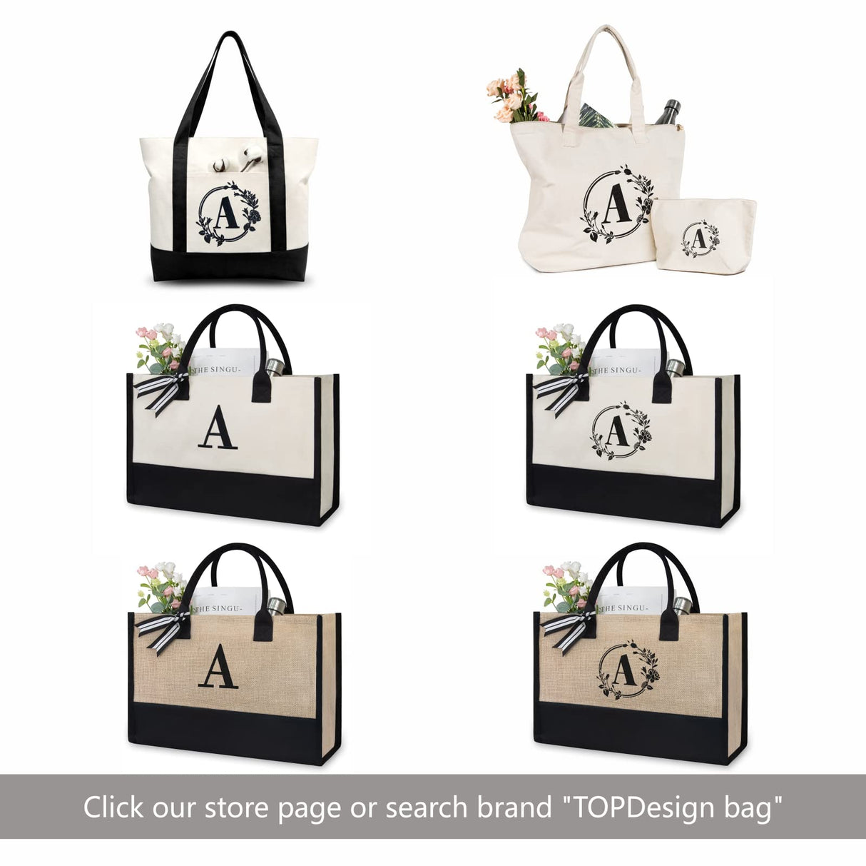 TOPDesign Classic White & Black Cotton Canvas Tote Bag, DIY Your Creativ Designs (Blank) TOPDesign