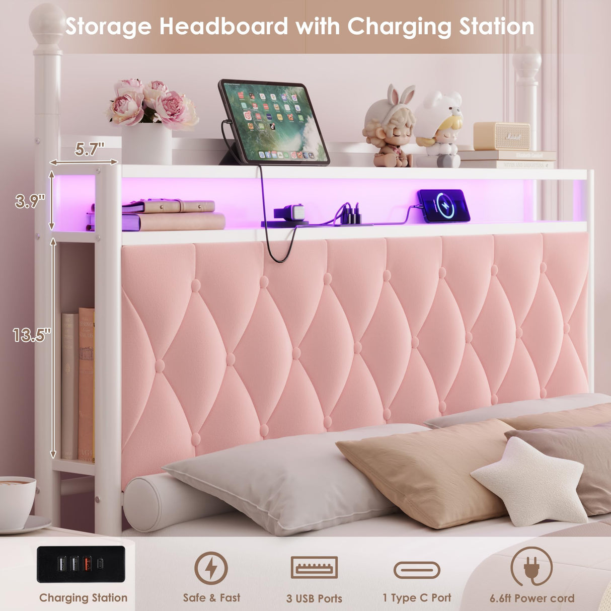 HIFIT Full Size Upholstered LED Canopy Bed Frame with Storage and Charging Station, Button Tufted Storage Headboard with Bookshelf, Two-Use Metal Platform Bed with 4 Removable Posts & 2 Drawers, Pink HIFIT