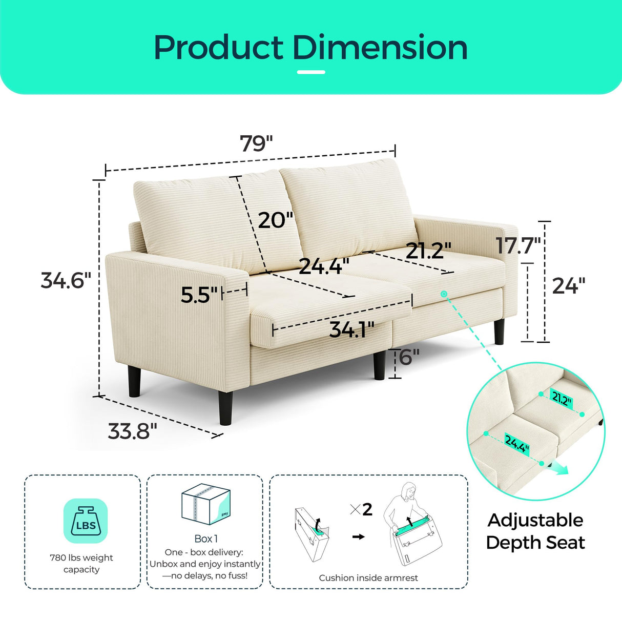 LINSY 79'' Beige Loveseat Sofa - Comfy Couch Corduroy Love Seat Couch with Adjustable Seat Depth Ergonomic Design Modern 2-Seater Soft Sofa for Living Room Bedroom Apartment Office, Beige LINSY
