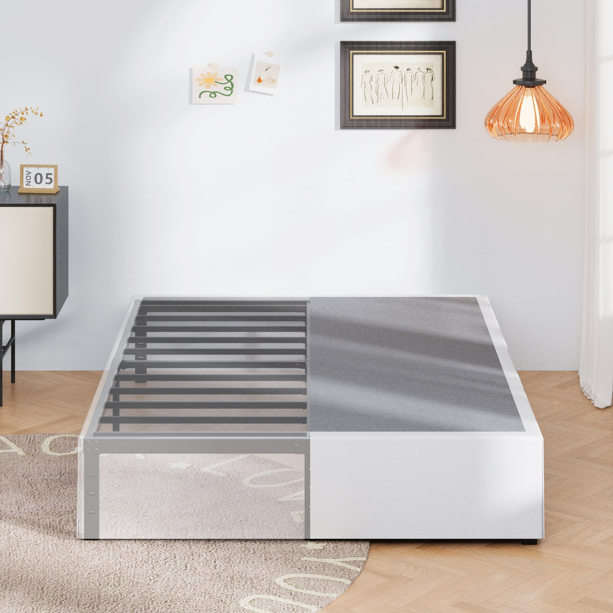 Upcanso 16 Inch King Size Bed Frame with White Skirt Cover, Metal King Bed Frame with Storage, No Box Spring Needed, Heavy Duty, Easy Assembly, Noise Free, Mattress Foundation Upcanso