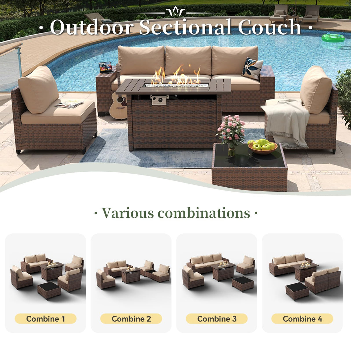 Aoxun 7 Piece Patio Furniture Set with Wide Armrests & 44” Fire Pit Table Wicker Rattan Outdoor Sectional Sofa Set with Coffee Table and Thickened Cushions, Brown/Beige(Waterproof Cover Included) Aoxun