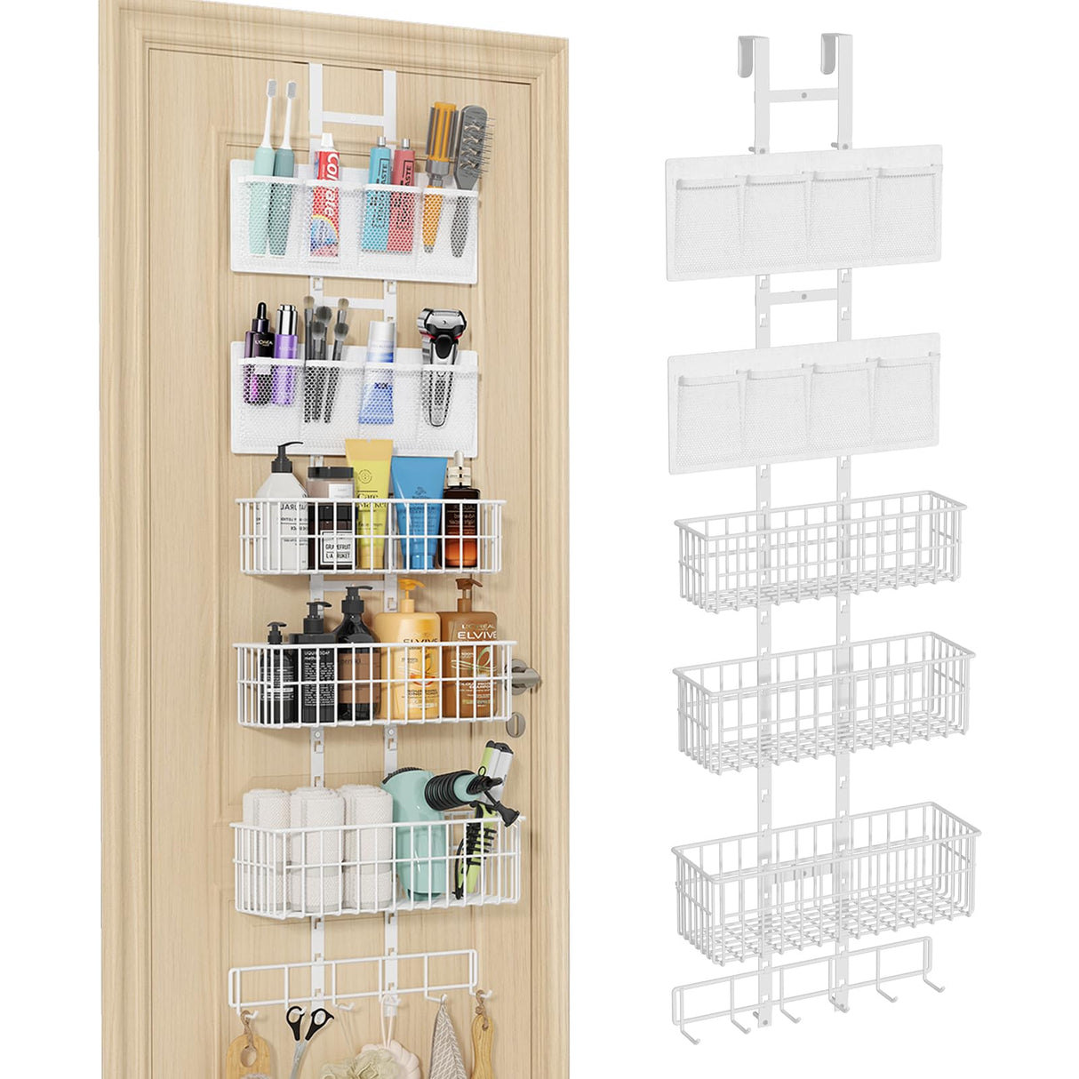 Hongtamoya Adjustable Over The Door Organizer - Hair Dryer Holder, Hanging Door Organizer with 8 Pockets 3 Metal Baskets 6 Hook, Behind Door Organizers and Storage for Bathroom Closet Cabinet Bedroom Hongtamoya