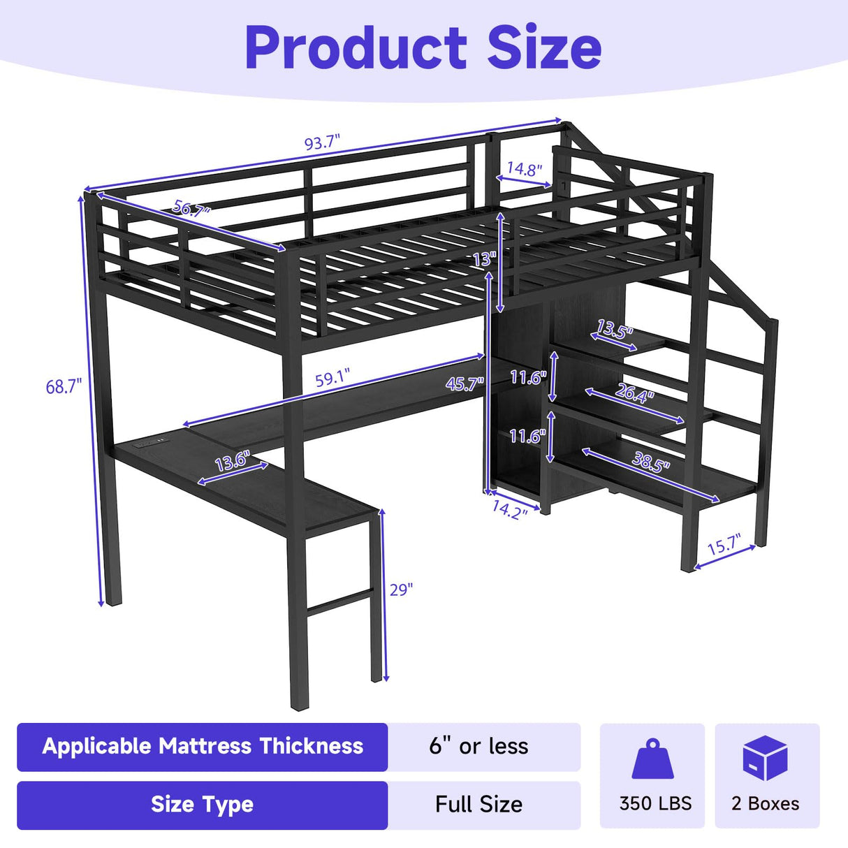 Full Size Metal Loft Bed Heavy-Duty Loft Bed Frame, LED Loft Bed Frame with L Shaped Desk, Wardrobe, Storage Stairs, Charging Station & Safety Guard for Kids Girls Boys, Space-Saving/Noise Reduced NicBex