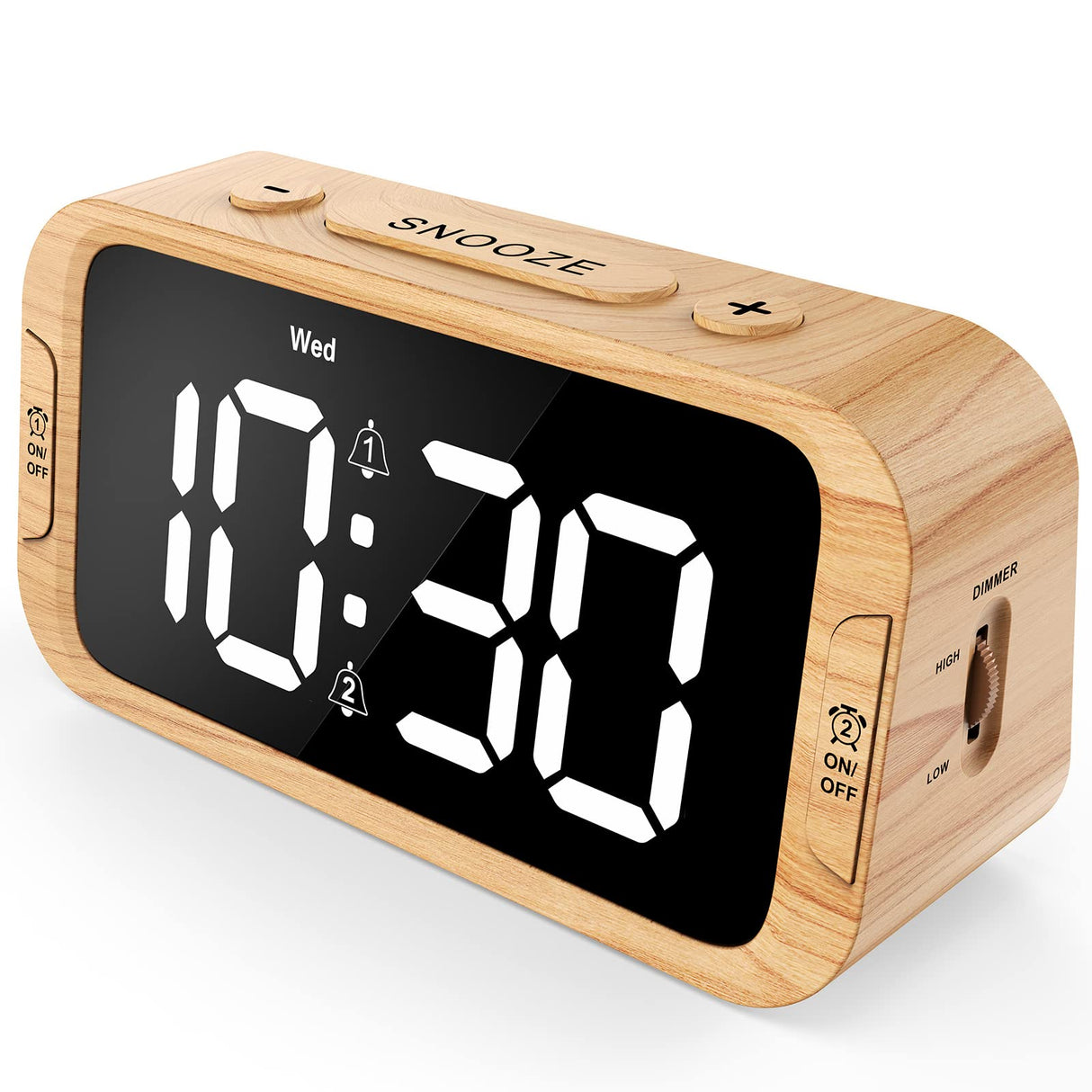Odokee Digital Dual Alarm Clock for Bedroom, 0-100% Dimmer, Weekday/Weekend Mode, Easy to Set, USB Charger, Adjustable Alarm Volume with 5 Alarm Sounds, Snooze, 12/24Hr, Battery Backup (Wood Grain) Odokee