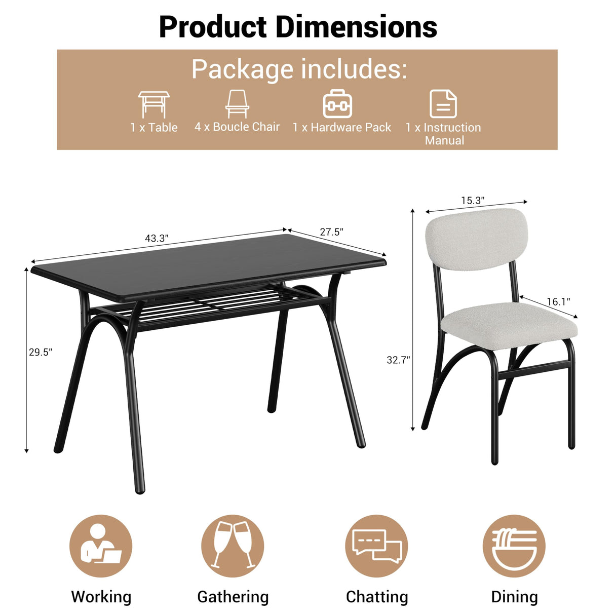GarveeHome 5-Piece Dining Table Set for 4, Modern Kitchen Table with 4 Boucle Chairs, Rectangular Dining Table with Storage Shelf & Marble Tabletop, Beige Home Dining Furniture for Small Space GarveeHome