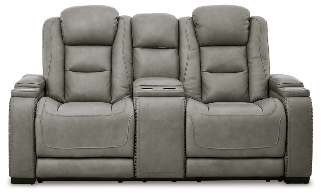 Signature Design by Ashley The Man-Den Leather Power Reclining Loveseat with Center Console, Adjustable Headrest & Wireless Charging, Gray Signature Design by Ashley