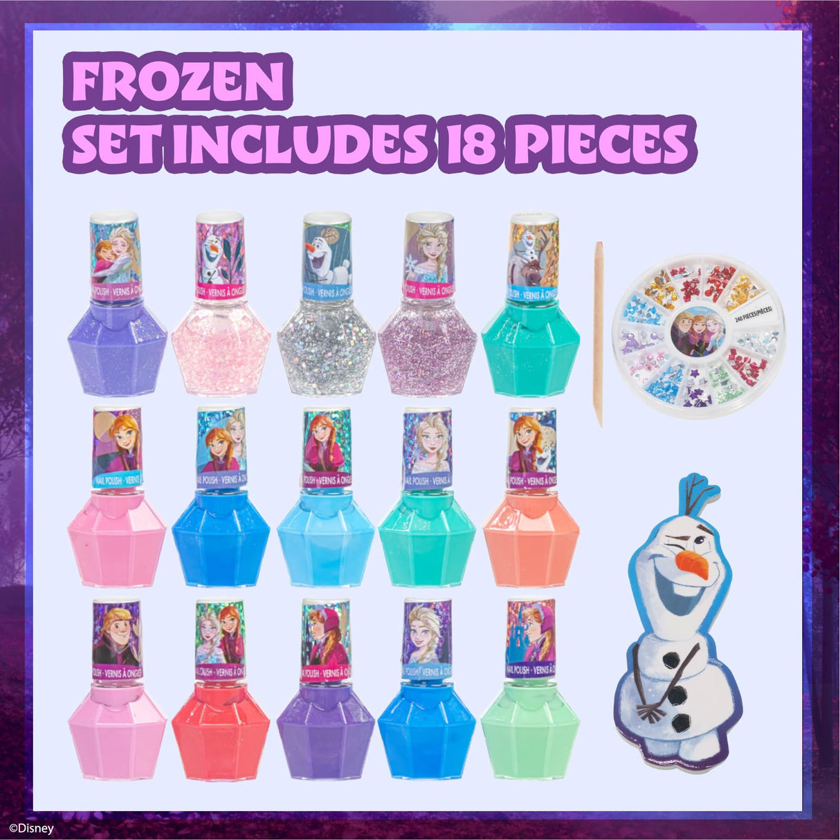 Townley Girl Disney Frozen Non-Toxic Peel-Off Nail Polish Set with Shimmery and Opaque Colors with Nail Gems for Girls Ages 3+, Perfect for Parties, Sleepovers and Makeovers, 18 Pc Set Townley Girl