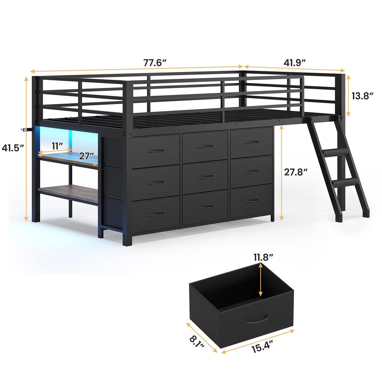 BTHFST Twin Loft Bed for Kids, Low Loft Bed Twin Size with 9 Storage Dresser, LED Lights, 2 Storage Shelves & Stairs, Metal Black Bed with Safety Guardrail for Young Teens, Space Saving, Black BTHFST