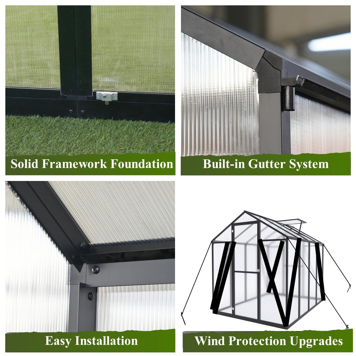 Vigo huseeo 8.2 * 12.2 * 7.8FT Greenhouse for Outdoors,Polycarbonate Greenhouse with Stronger Wind Protection and Roof Vent,Walk-in Large Aluminum Sunroom Winter Proof,Black Vigo huseeo