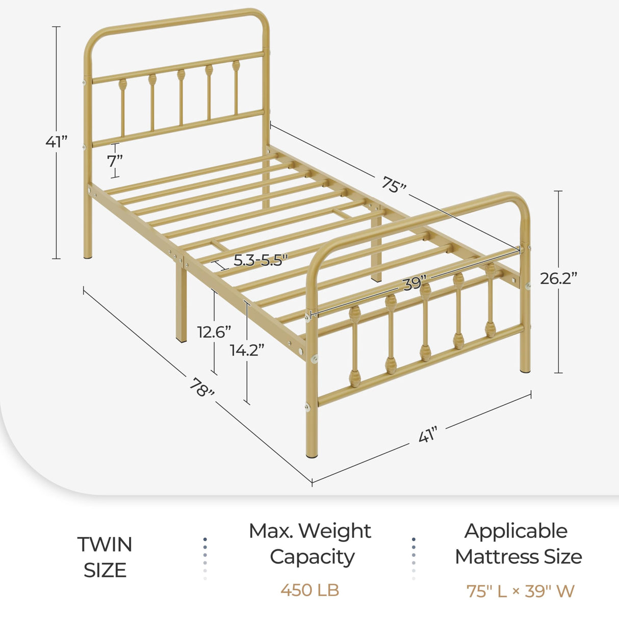 Yaheetech 2Pcs Twin Size Metal Platform Bed Frame with Victorian Style Iron-Art Headboard/Footboard/Under Bed Storage/No Box Spring Needed Antique Gold Yaheetech