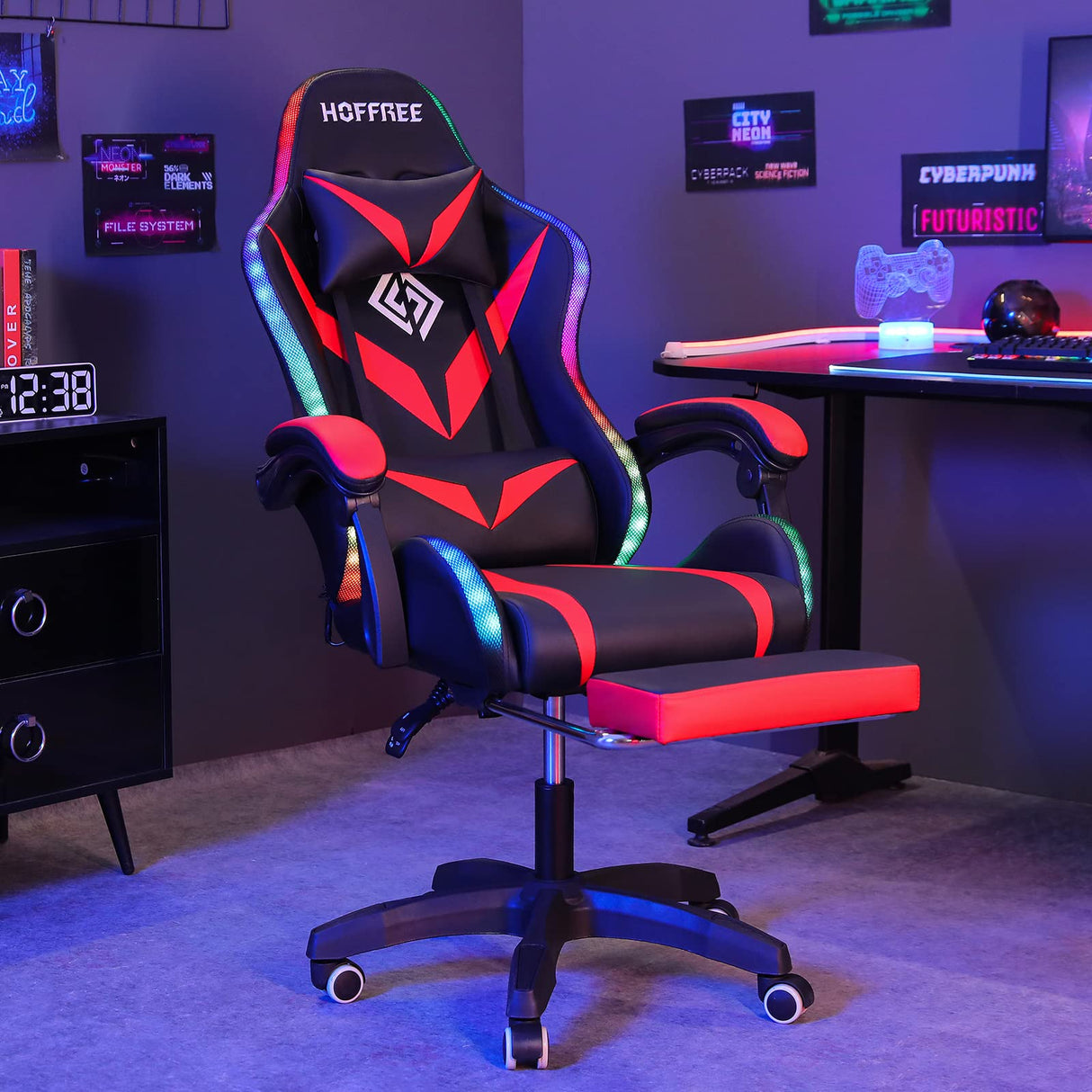 Gaming Chair with Speakers and LED Lights Ergonomic Computer Chair with Massage and Footrest Reclining Video Game Chair for Adults with Adjustable Lumbar Support Red and Black VANSPACE
