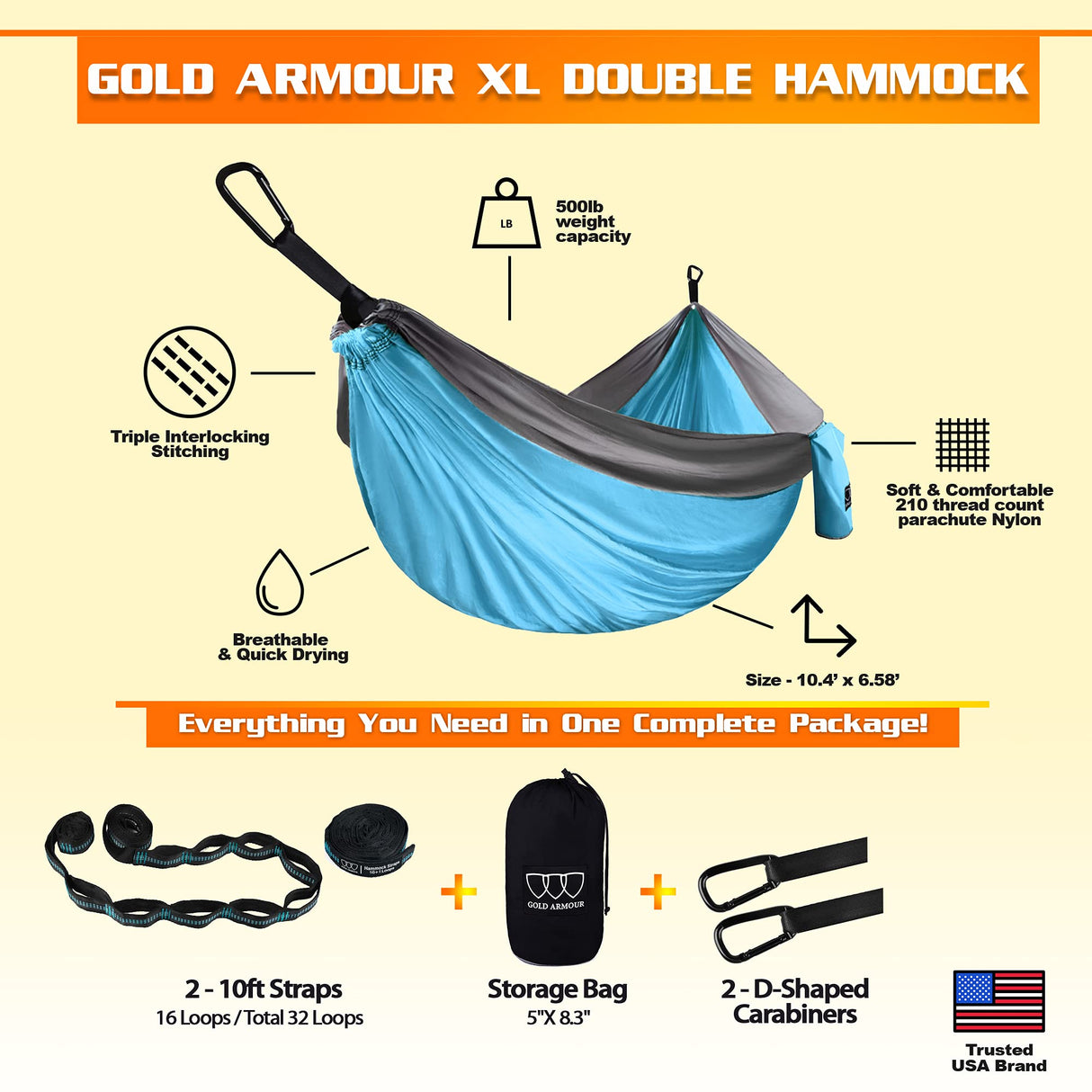 Gold Armour Camping Hammock - XL Double Hammock Portable Hammock Camping Accessories Gear for Outdoor Indoor with Tree Straps, USA Based Brand (Sky Blue and Gray) Gold Armour