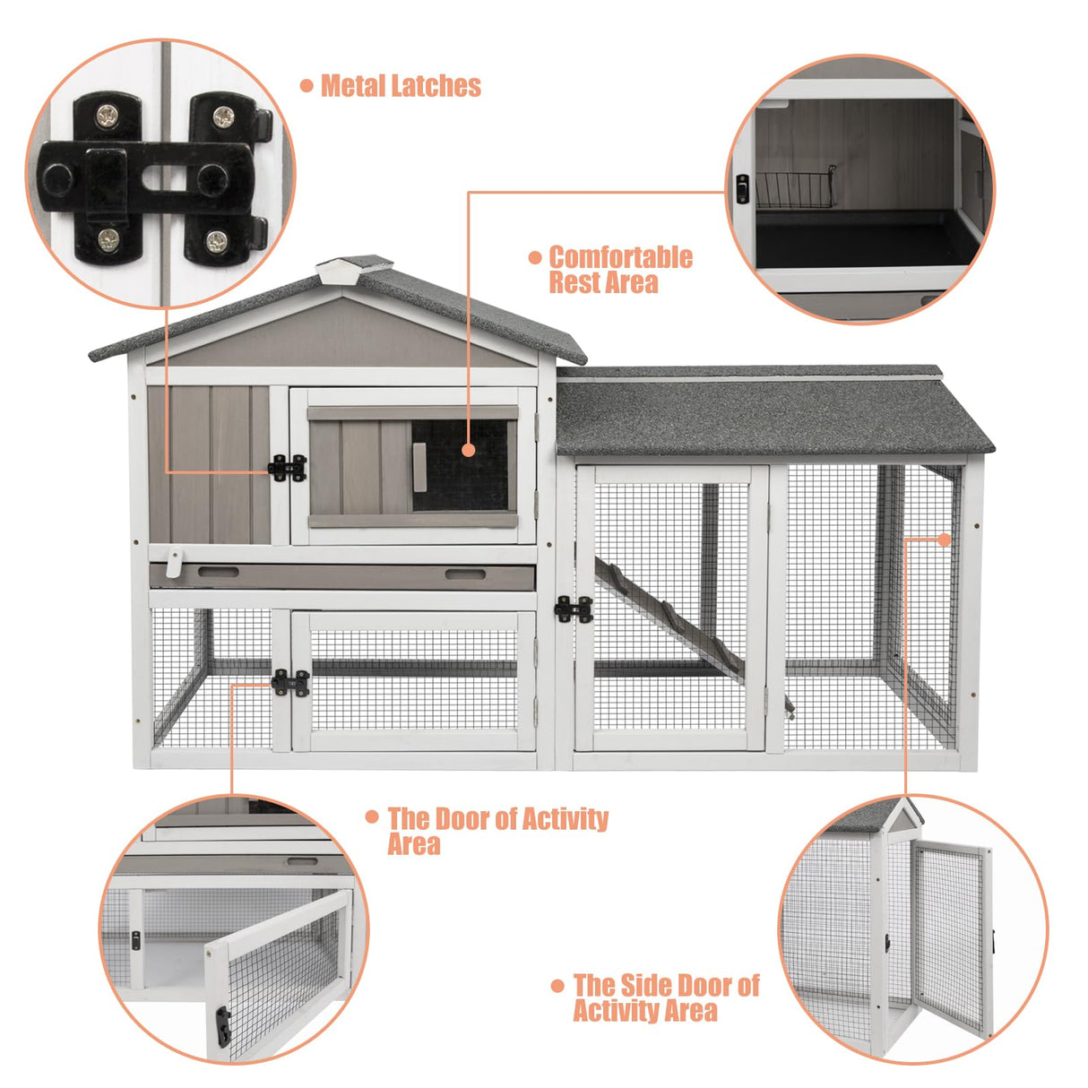 Gowoodhut Rabbit Hutch Indoor Outdoor 57 "L Bunny Hutch with Pull Out Tray,2 Story Wooden Rabbit Cage with Asphalt Roof,Guinea Pig Cage with Ventilation Doors,Ramp for Small Animals(Grey) Gowoodhut