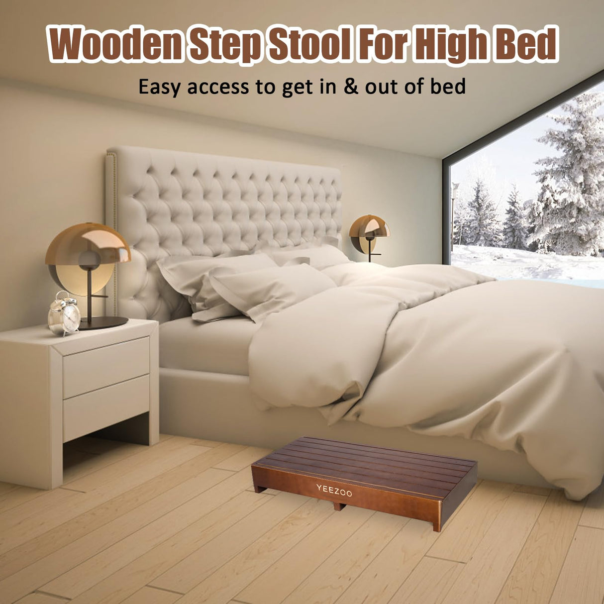 Wooden one Step Stool- Solid Pine Wood Step Riser with Non-Slip Pads, Wood Step Stool for Elderly Adults, high Bed, Bathroom, Kitchen (31.5" L*15.7" W*3.9" H, Brown, 400LBs Capacity) yeezoo