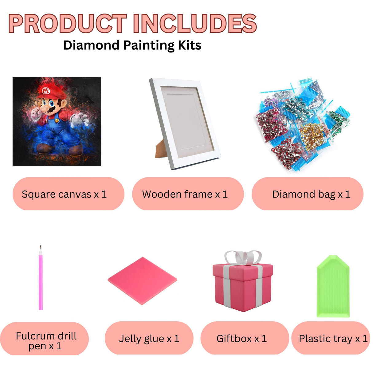 USACRAFT Cute Diamond Painting Kits Large 7x7 Natural Wooden Frame, Mosaic Kits, Sparkling Crystal Gems, Pen, Arts & Crafts Tray, Gum. Famous Characters.Art Painting Kit USACRAFT