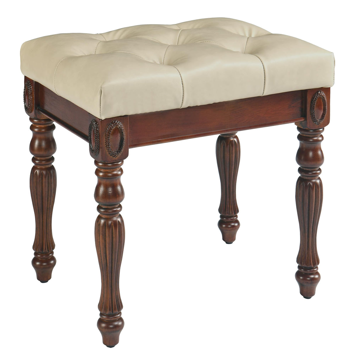 MODERION Vanity Bench Stool with Padded Cushion, Piano Bench with Solid Wood Carving Legs, Home Chairs Button Breathing Leather Upholstered Seat, MODERION