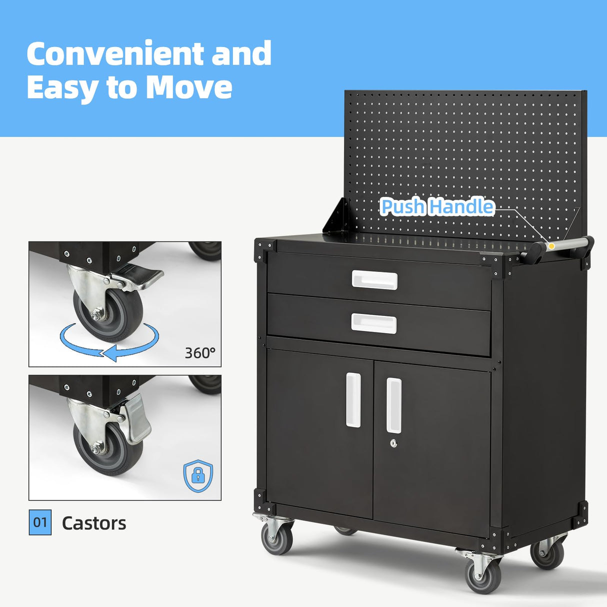 JFHID Work Bench for Garage with Pegboard Drawers and Cabinets Heavy Duty Metal Frame Tool Bench for Shop Kitchen Cabinets Organizer Work Table with Wheels (White Handle) JFHID