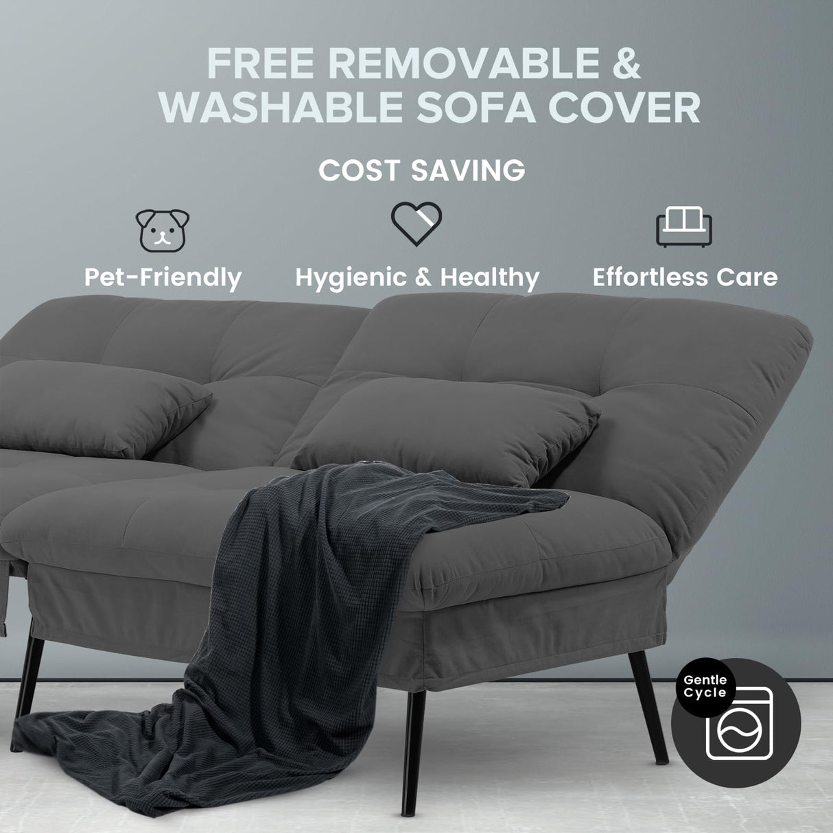 COMHOMA Convertible Futon Sofa Bed, 68″Fabric Futon Couch with Adjustable Backrest, Folding Futon Sleeper Recliner for Living Room Furniture (Black) COMHOMA