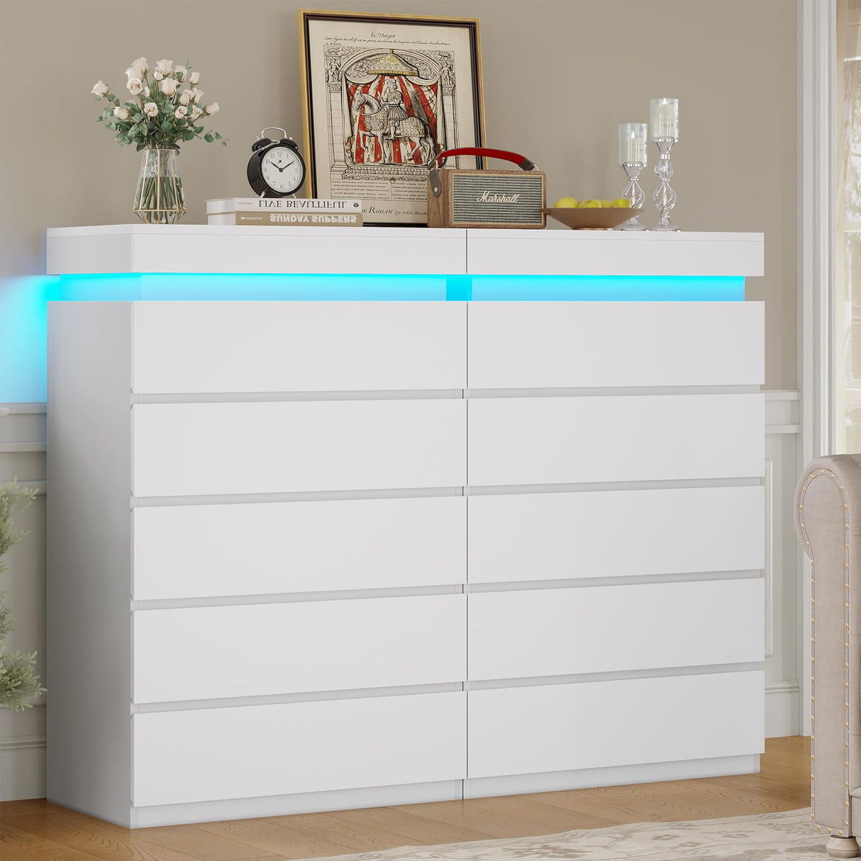 HAUOMS Tall 5 Drawer Dresser with LED Light, White Modern Chest of Drawers for Bedroom,Closet Dressers with Drawers for Living Room, Entryway, Hallway HAUOMS