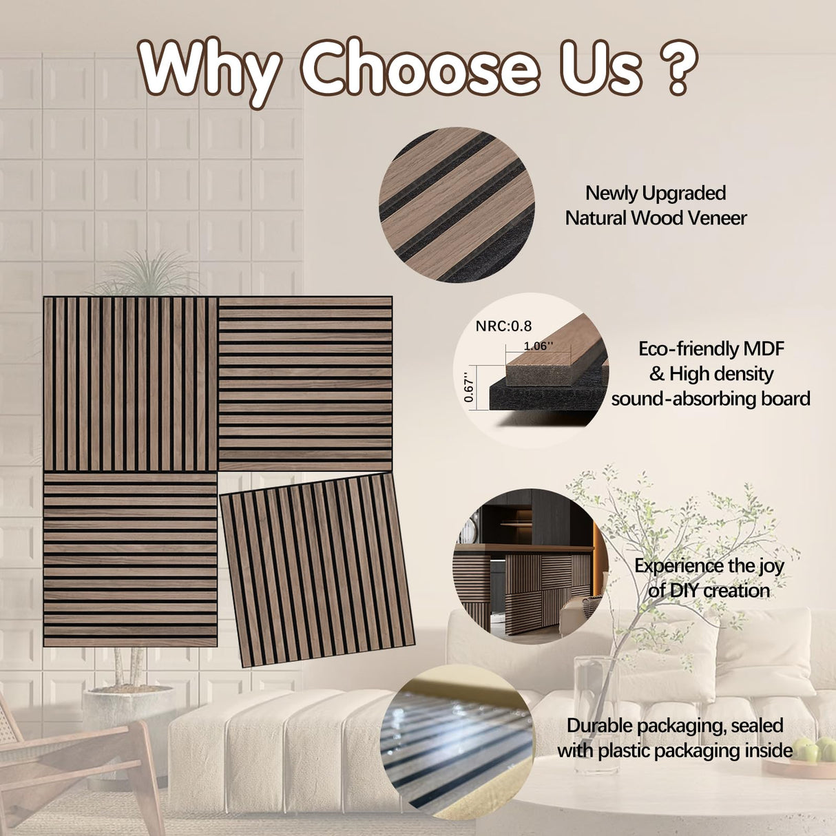 ARMURO Wood Slat Wall Panel - 4 PCS Walnut Wood Panels for Wall, Natural Wood Veneer Acoustic Slat Wood Wall Panels - Wood Slats for Wall Soundproof Wood Panels 23.6" W x 23.6" L ARMURO